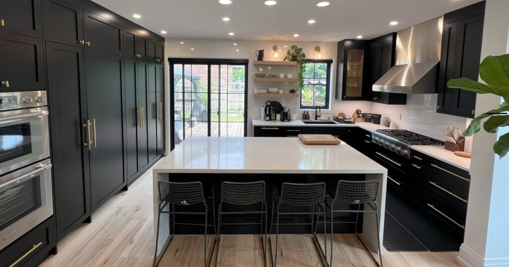 Modern kitchen renovation with sleek white cabinets, quartz countertops, and stainless steel appliances by GMC Construction Inc.