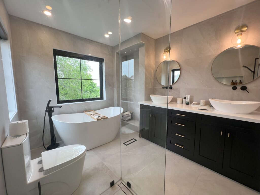 Elegant Bathroom Renovation in Toronto | Freestanding Tub & Modern Double-Sink Vanity | GMC Construction Inc.