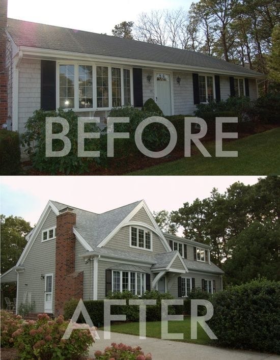 Before and after home addition, showing a single-story house transformed into a larger two-story residence with increased curb appeal and living space.