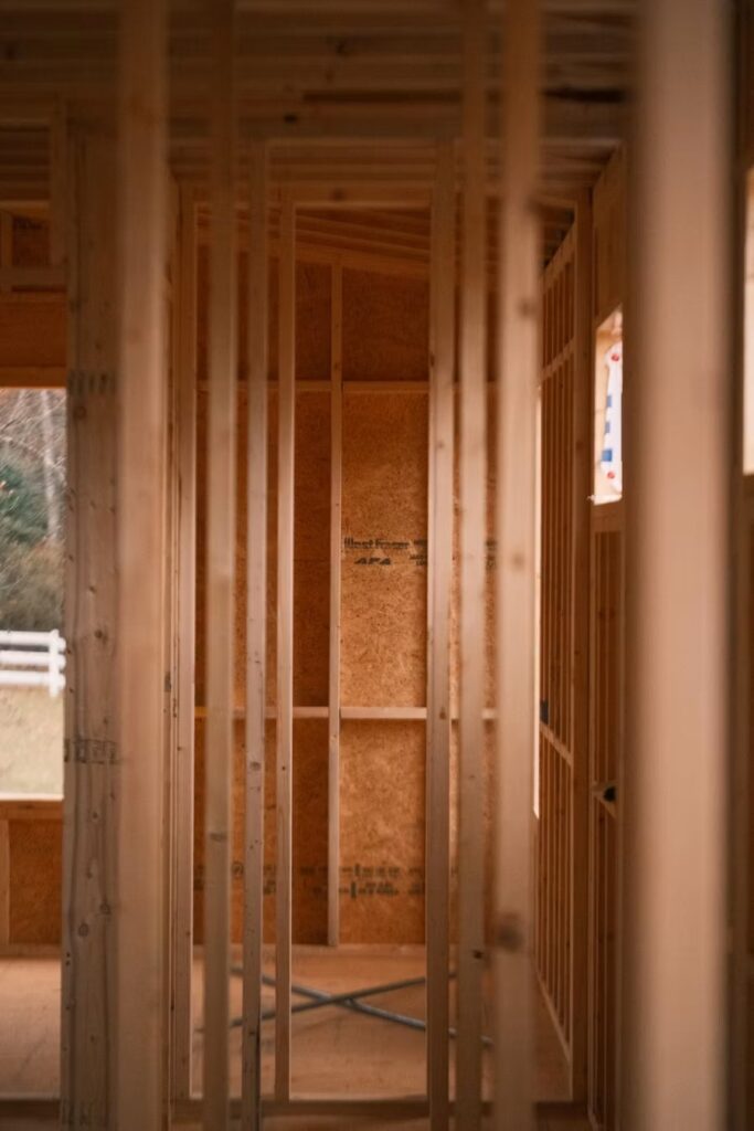 Wood-framed interior wall during construction