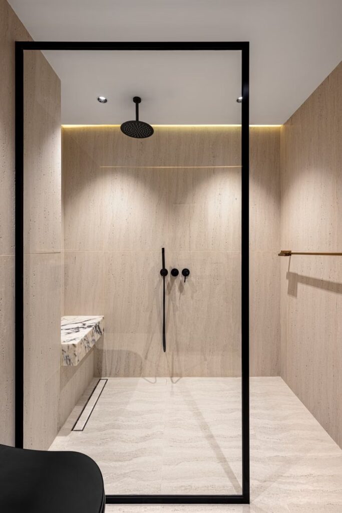 Curbless walk-in shower in a modern bathroom