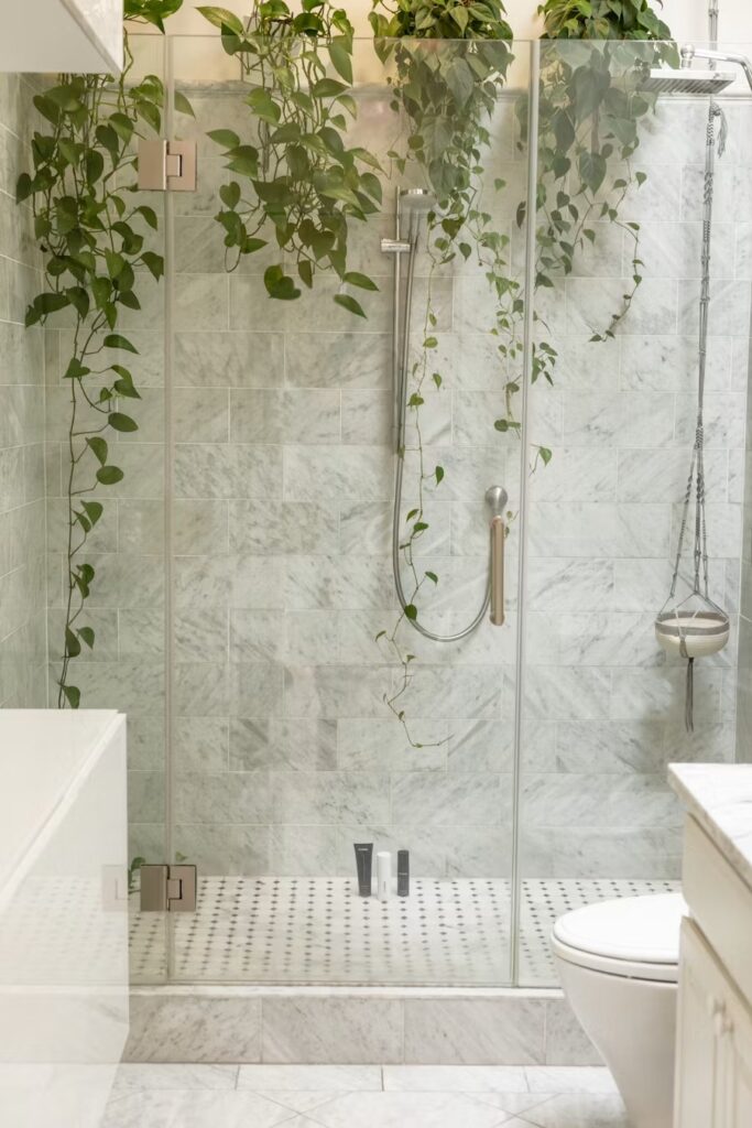 Glass shower door in a renovated bathroom