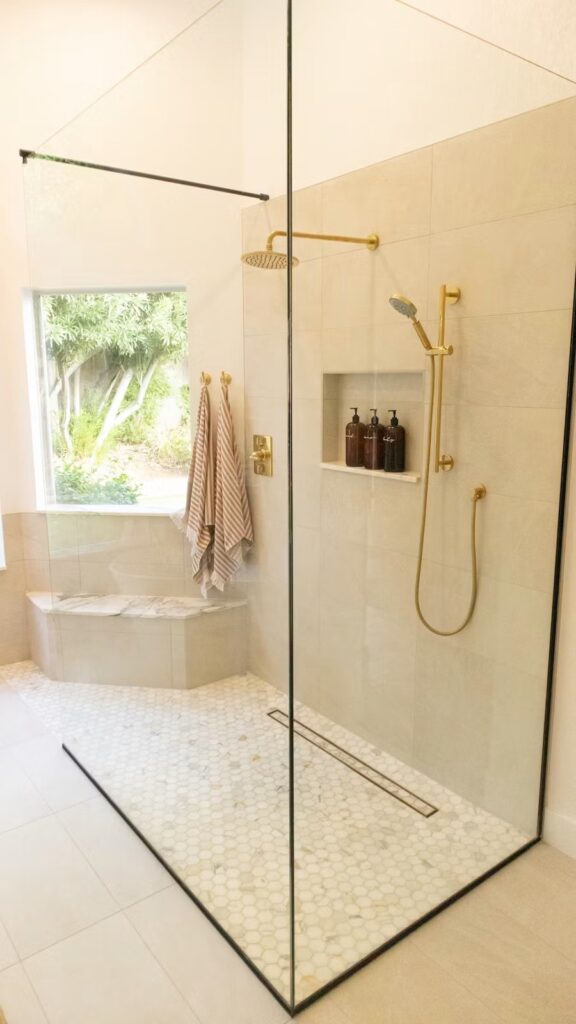 Curbless walk-in shower in a modern bathroom