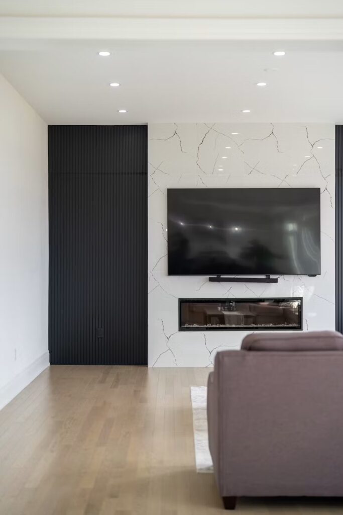 Custom built TV feature wall in a living room