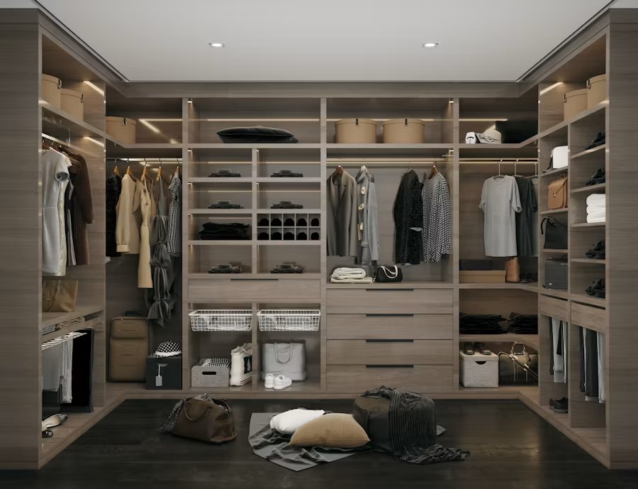 Custom walk-in closet with shelving and storage